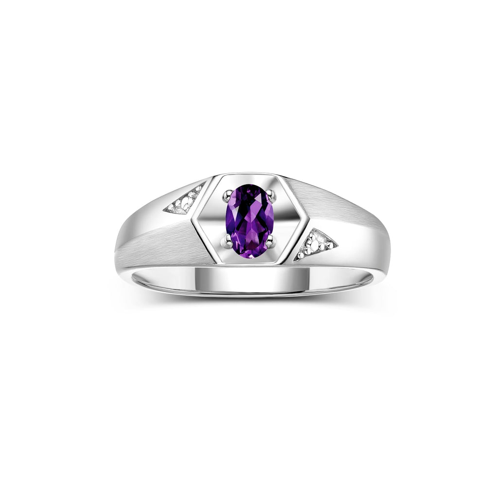 Rylos Men's Sterling Silver Classic 6X4MM Oval Gemstone & Diamond Ring - Birthstone Elegance, Sizes 8-13