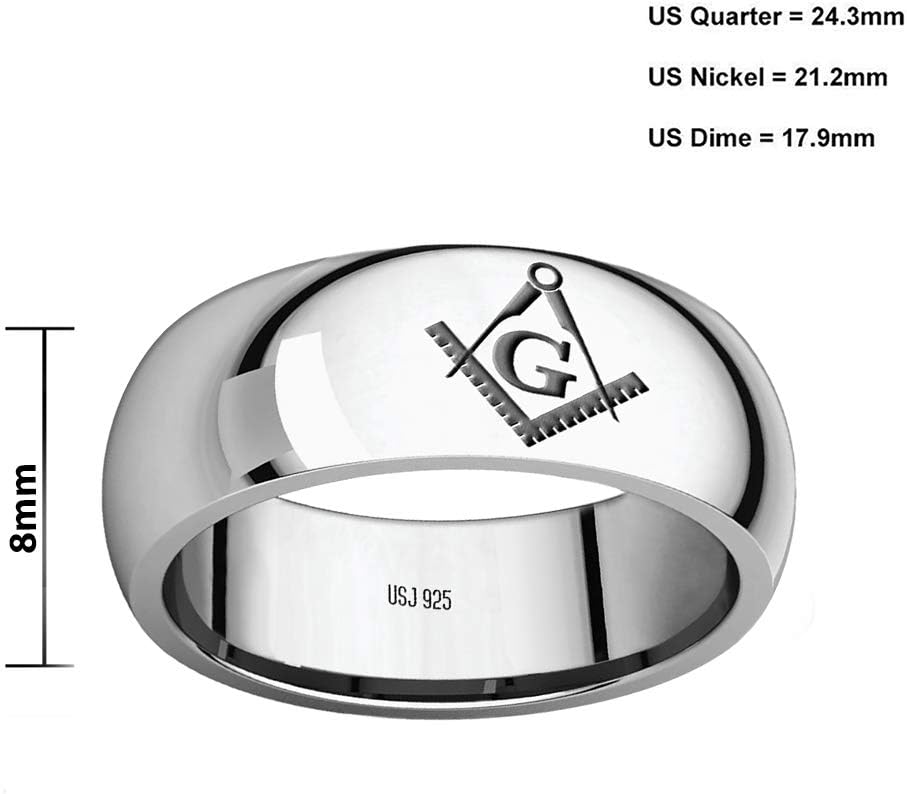 US Jewels Mens 925 Sterling Silver 8mm Half Round Masonic Master Mason Ring Band