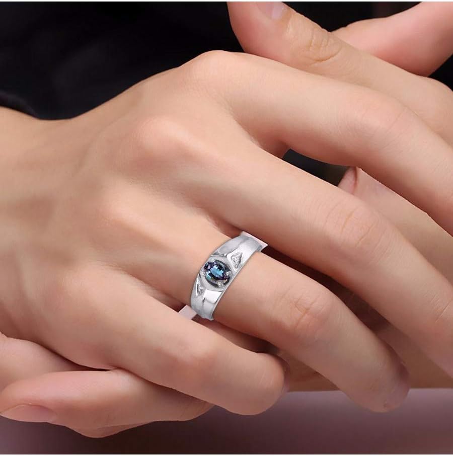 Rylos Men's Sterling Silver Classic 6X4MM Oval Gemstone & Diamond Ring - Birthstone Elegance, Sizes 8-13