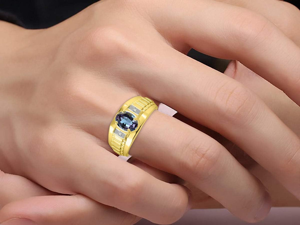 Rylos Men's Yellow Gold Plated Silver Designer Rings - Classic Style with 8x6MM Oval Gemstone & Diamond Accents - Birthstone Rings in Sizes 8-13