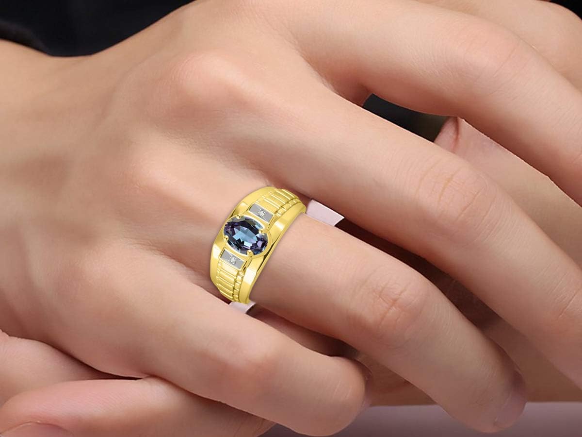 Rylos Men's Yellow Gold Plated Silver Designer Rings - Classic Style with 8x6MM Oval Gemstone & Diamond Accents - Birthstone Rings in Sizes 8-13