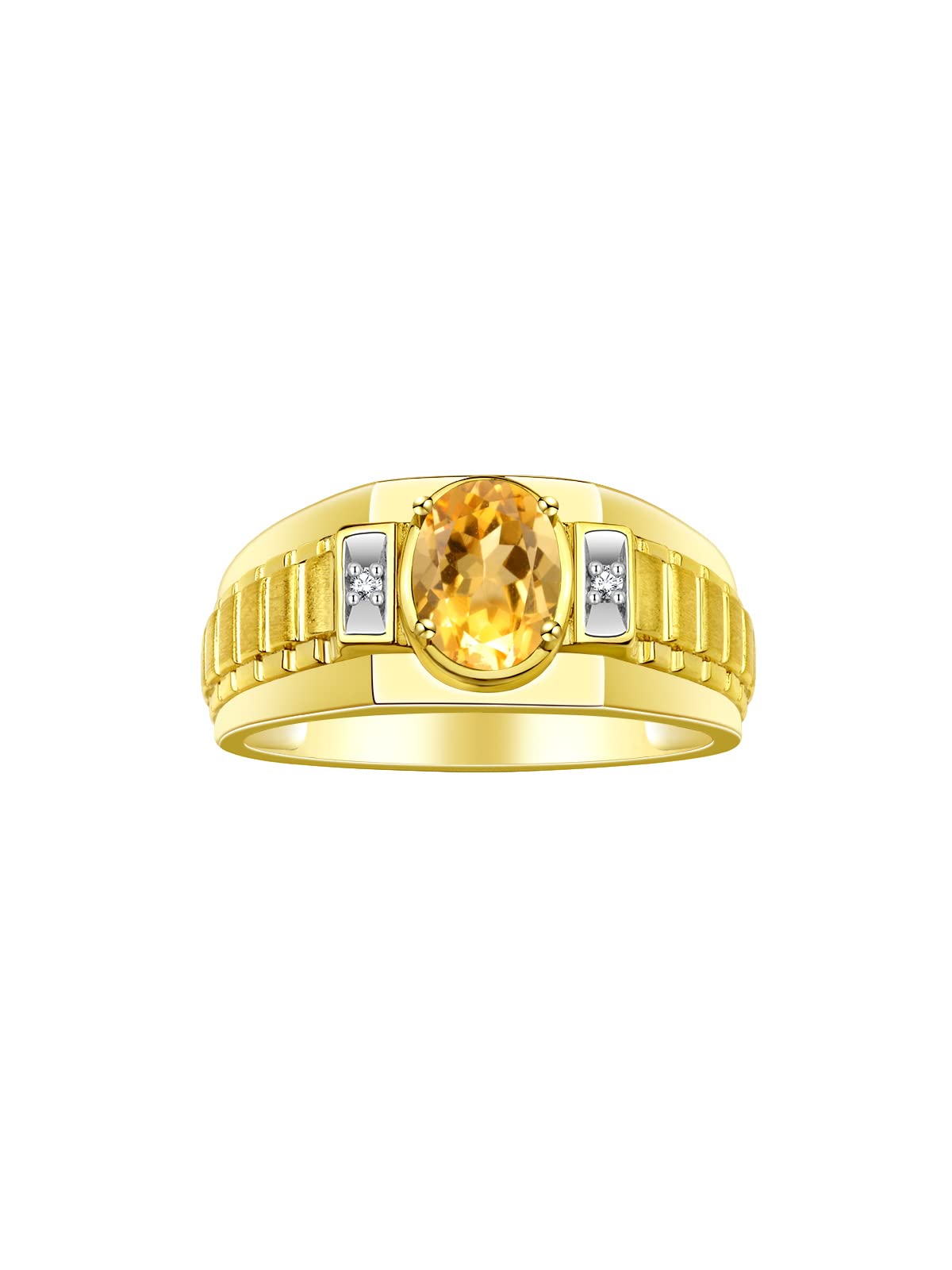 Rylos Men's Yellow Gold Plated Silver Designer Rings - Classic Style with 8x6MM Oval Gemstone & Diamond Accents - Birthstone Rings in Sizes 8-13