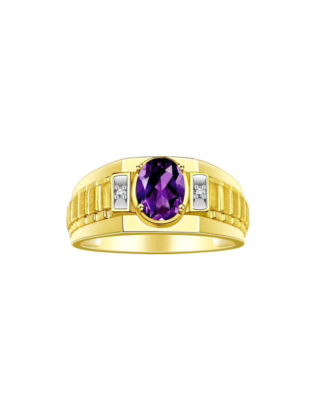 Rylos Men's Yellow Gold Plated Silver Designer Rings - Classic Style with 8x6MM Oval Gemstone & Diamond Accents - Birthstone Rings in Sizes 8-13