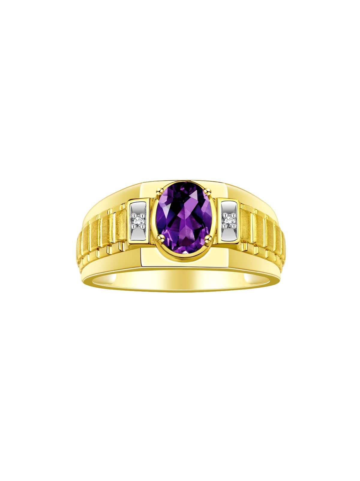 Rylos Men's Yellow Gold Plated Silver Designer Rings - Classic Style with 8x6MM Oval Gemstone & Diamond Accents - Birthstone Rings in Sizes 8-13