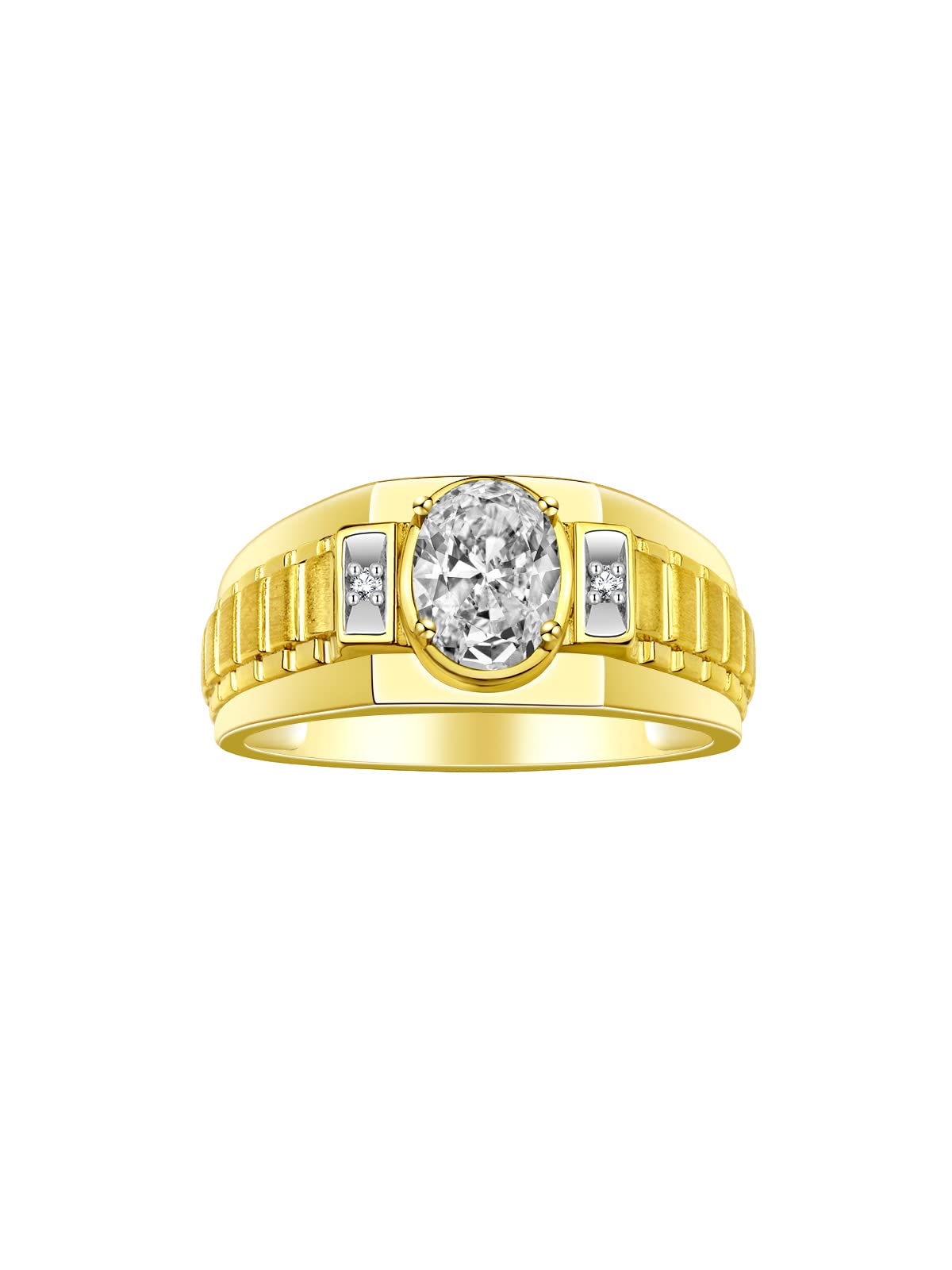 Rylos Men's Yellow Gold Plated Silver Designer Rings - Classic Style with 8x6MM Oval Gemstone & Diamond Accents - Birthstone Rings in Sizes 8-13