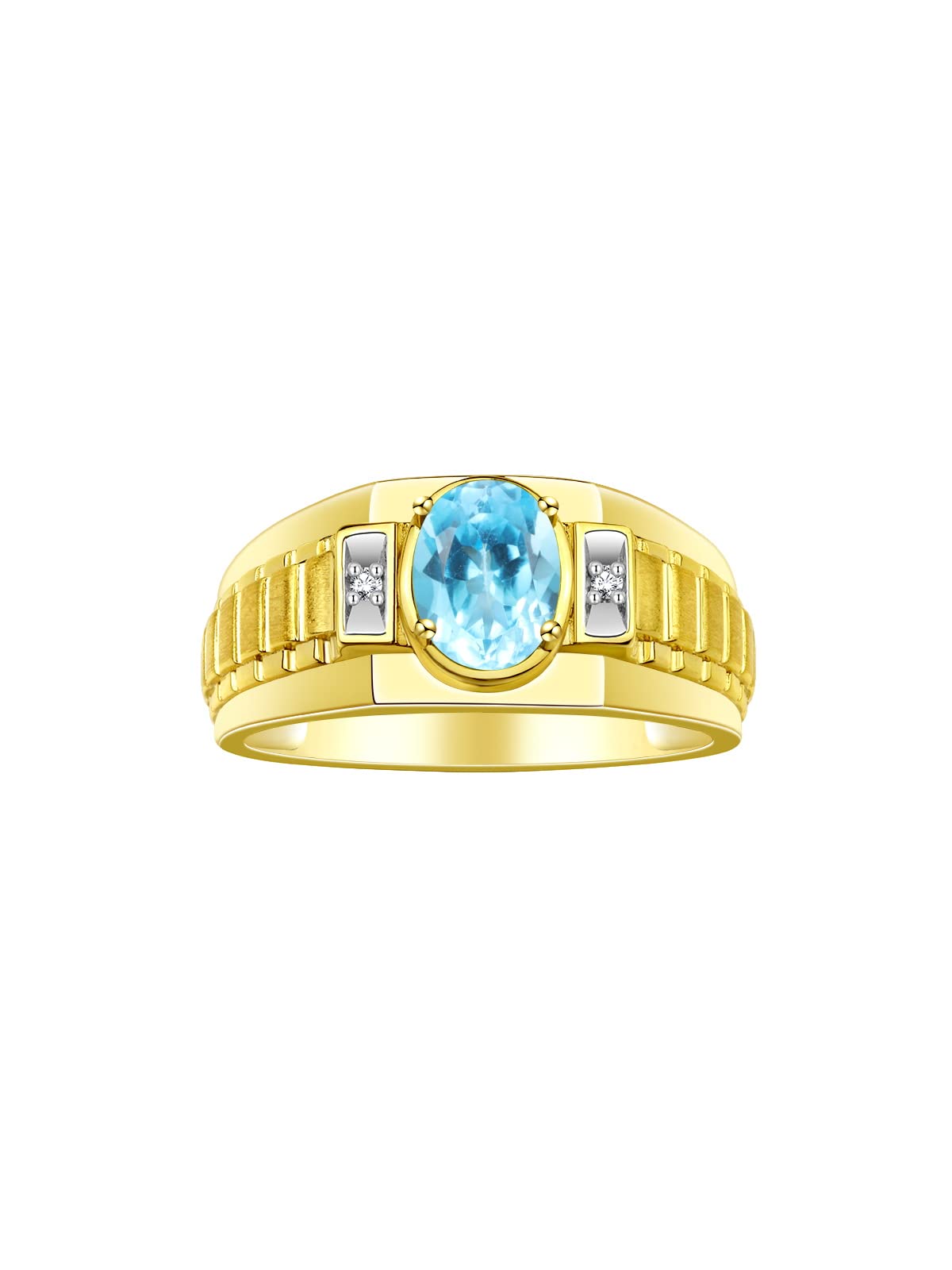 Rylos Men's Yellow Gold Plated Silver Designer Rings - Classic Style with 8x6MM Oval Gemstone & Diamond Accents - Birthstone Rings in Sizes 8-13
