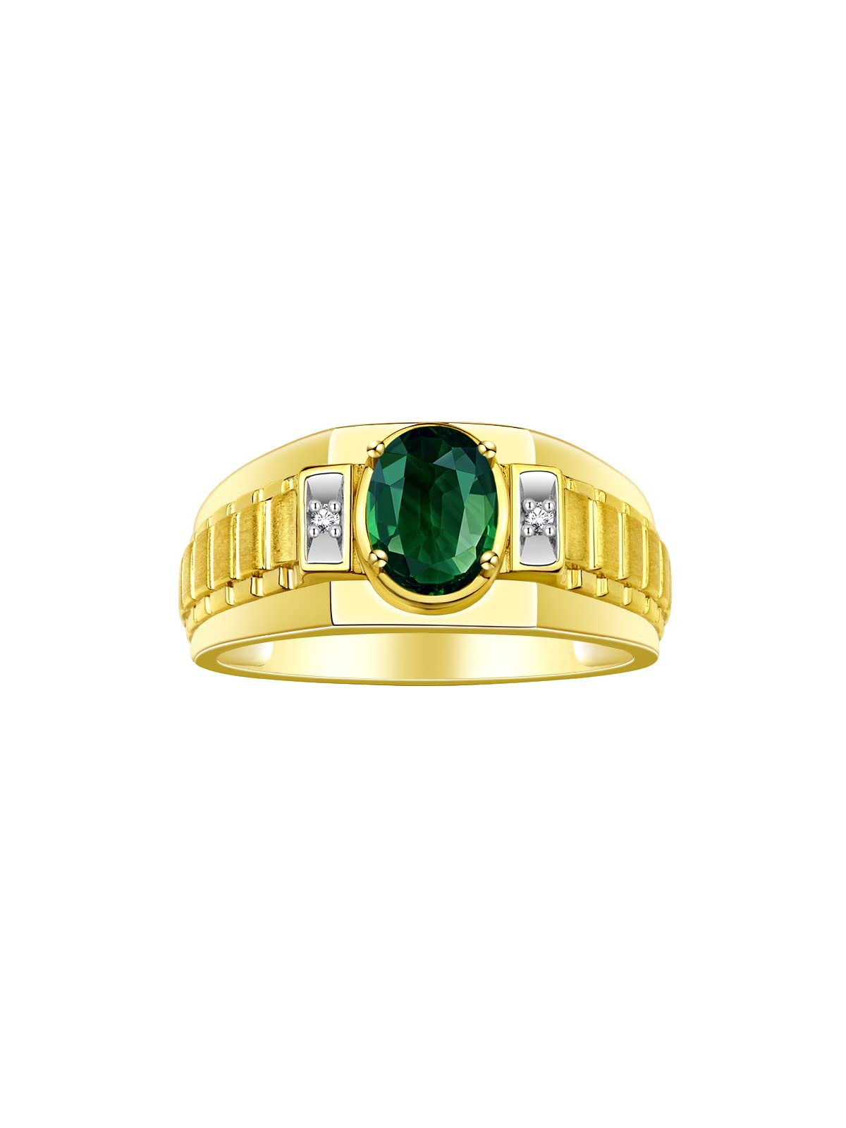 Rylos Men's Yellow Gold Plated Silver Designer Rings - Classic Style with 8x6MM Oval Gemstone & Diamond Accents - Birthstone Rings in Sizes 8-13