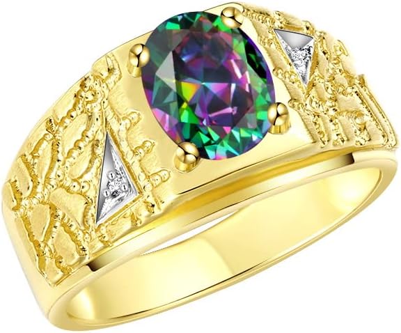 Rylos Men's Rings Designer Nugget Ring: Oval 9X7MM Gemstone & Sparkling Diamonds - Color Stone Birthstone Rings for Men, Yellow Gold Plated Silver Rings in Sizes 8-13. Mens Jewelry