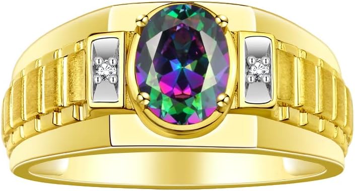 Rylos Men's Yellow Gold Plated Silver Designer Rings - Classic Style with 8x6MM Oval Gemstone & Diamond Accents - Birthstone Rings in Sizes 8-13