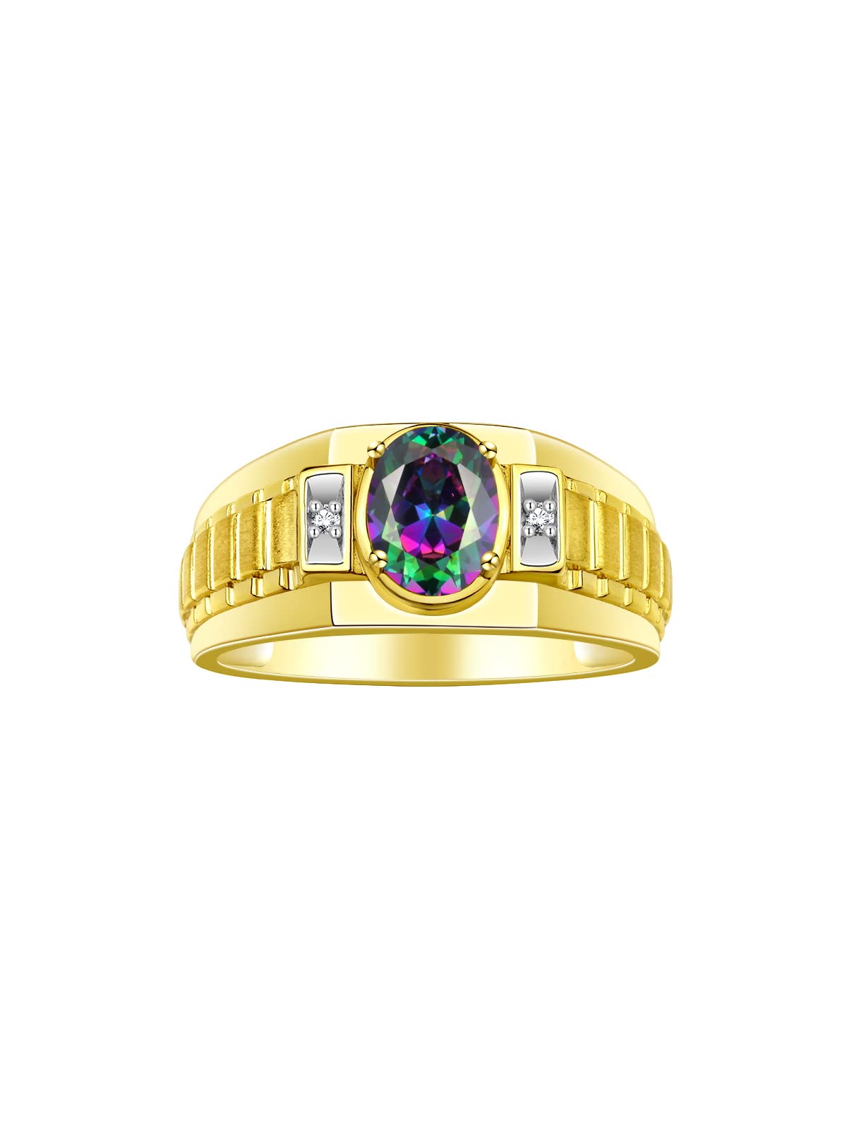 Rylos Men's Yellow Gold Plated Silver Designer Rings - Classic Style with 8x6MM Oval Gemstone & Diamond Accents - Birthstone Rings in Sizes 8-13