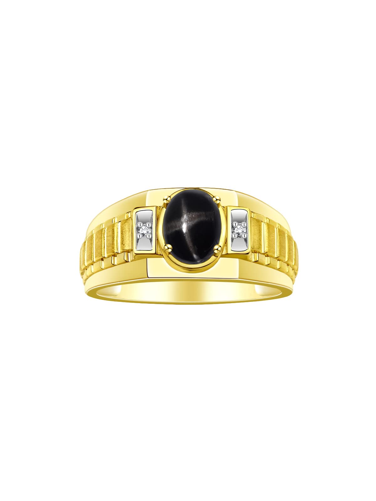 Rylos Men's Yellow Gold Plated Silver Designer Rings - Classic Style with 8x6MM Oval Gemstone & Diamond Accents - Birthstone Rings in Sizes 8-13