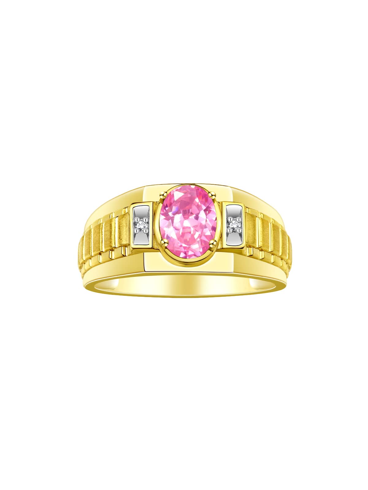 Rylos Men's Yellow Gold Plated Silver Designer Rings - Classic Style with 8x6MM Oval Gemstone & Diamond Accents - Birthstone Rings in Sizes 8-13