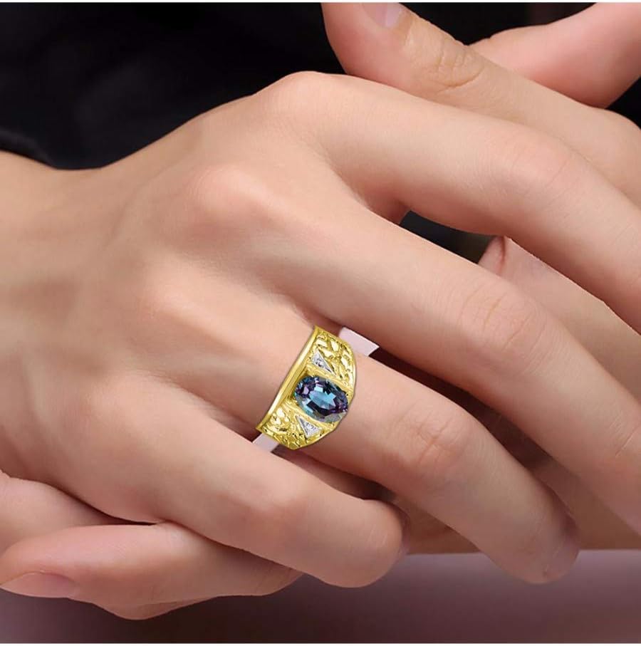Rylos Men's Rings Designer Nugget Ring: Oval 9X7MM Gemstone & Sparkling Diamonds - Color Stone Birthstone Rings for Men, Yellow Gold Plated Silver Rings in Sizes 8-13. Mens Jewelry