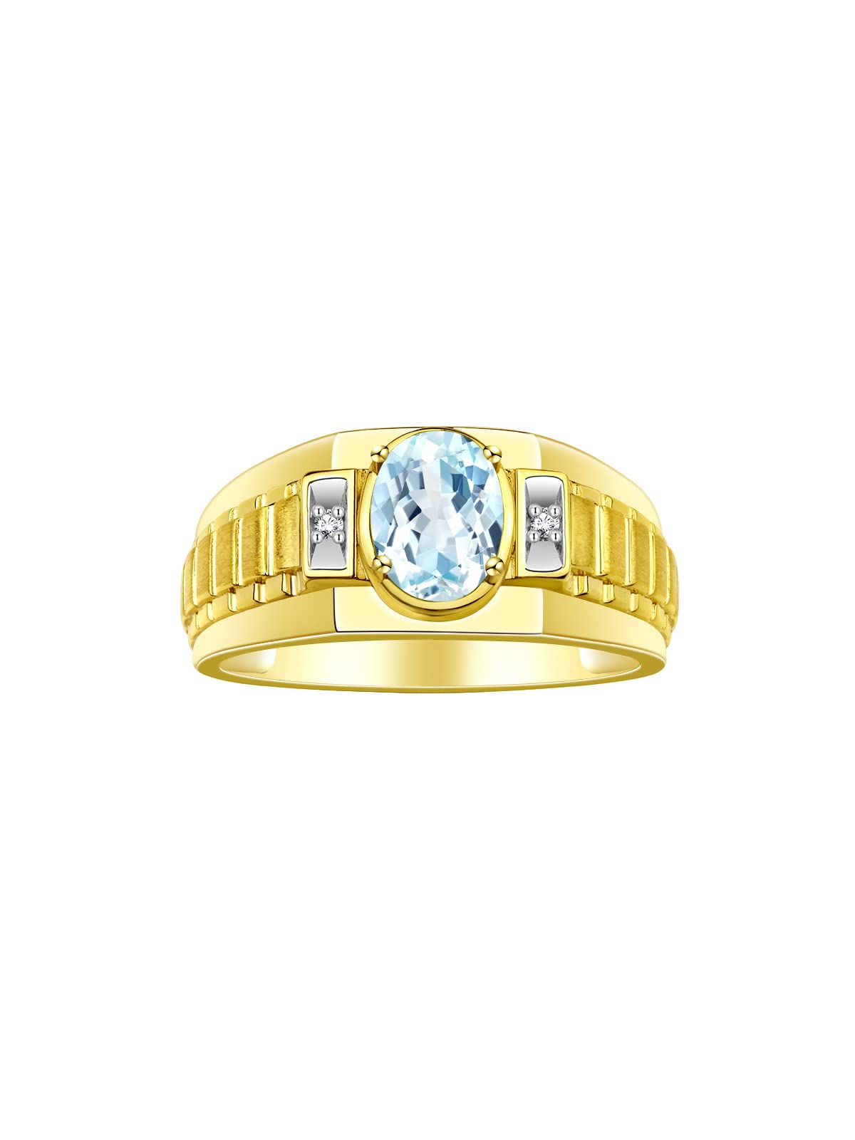Rylos Men's Yellow Gold Plated Silver Designer Rings - Classic Style with 8x6MM Oval Gemstone & Diamond Accents - Birthstone Rings in Sizes 8-13