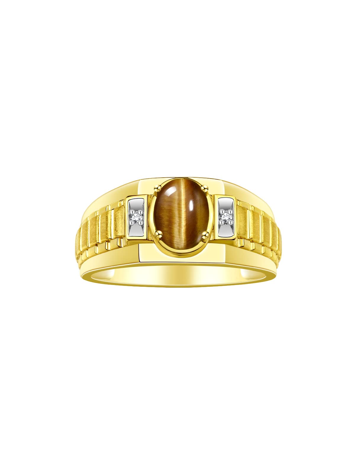 Rylos Men's Yellow Gold Plated Silver Designer Rings - Classic Style with 8x6MM Oval Gemstone & Diamond Accents - Birthstone Rings in Sizes 8-13