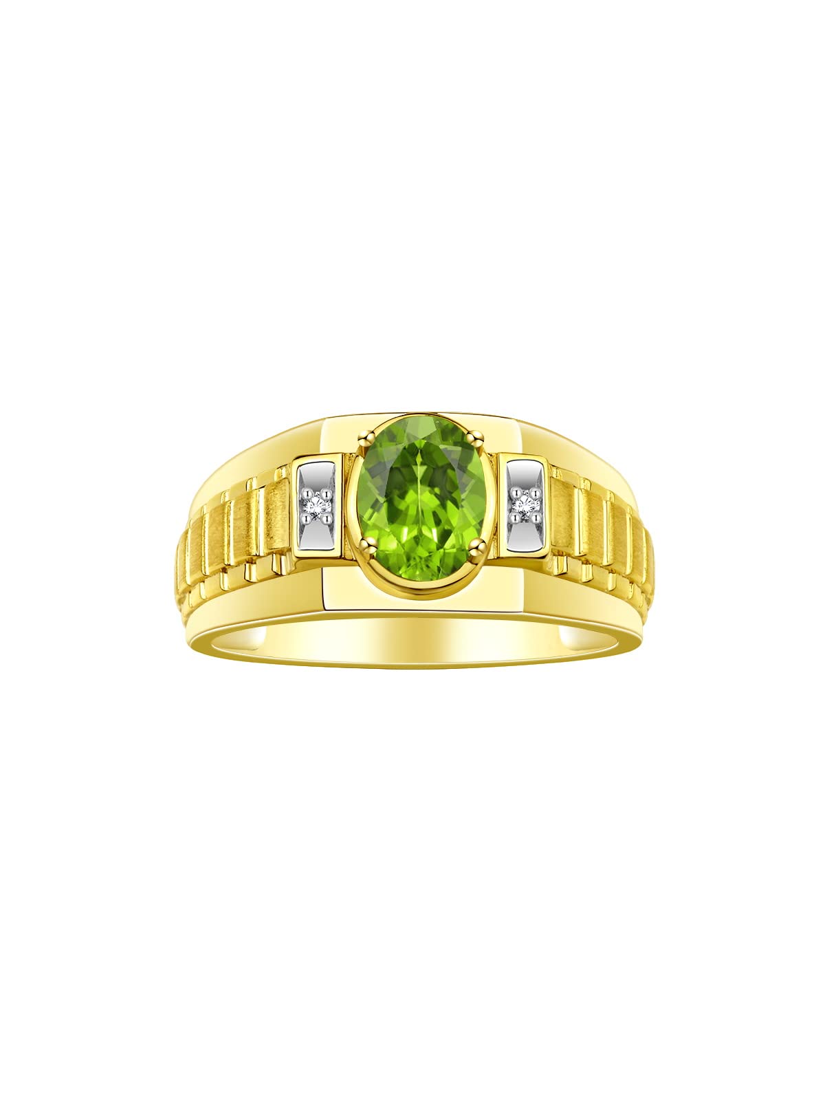 Rylos Men's Yellow Gold Plated Silver Designer Rings - Classic Style with 8x6MM Oval Gemstone & Diamond Accents - Birthstone Rings in Sizes 8-13