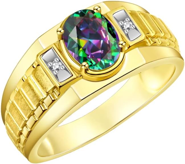 Rylos Men's Yellow Gold Plated Silver Designer Rings - Classic Style with 8x6MM Oval Gemstone & Diamond Accents - Birthstone Rings in Sizes 8-13