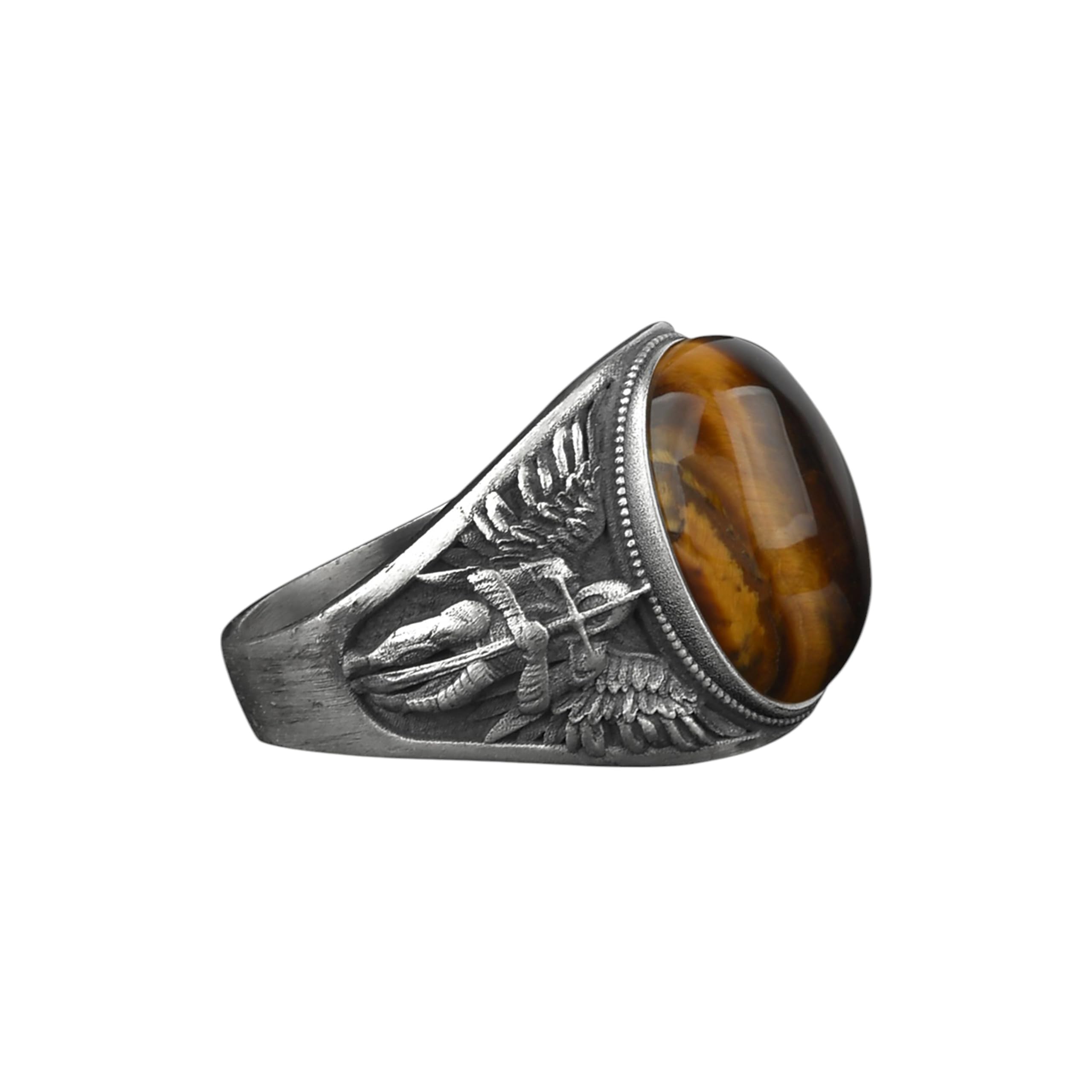 BySilverStone - St. Michael the Archangel Signet Ring for Men with Natural Tiger's Eye Gemstone in Sterling Silver, Commander of God's Army Jewelry Rings, Religious Gift Ring