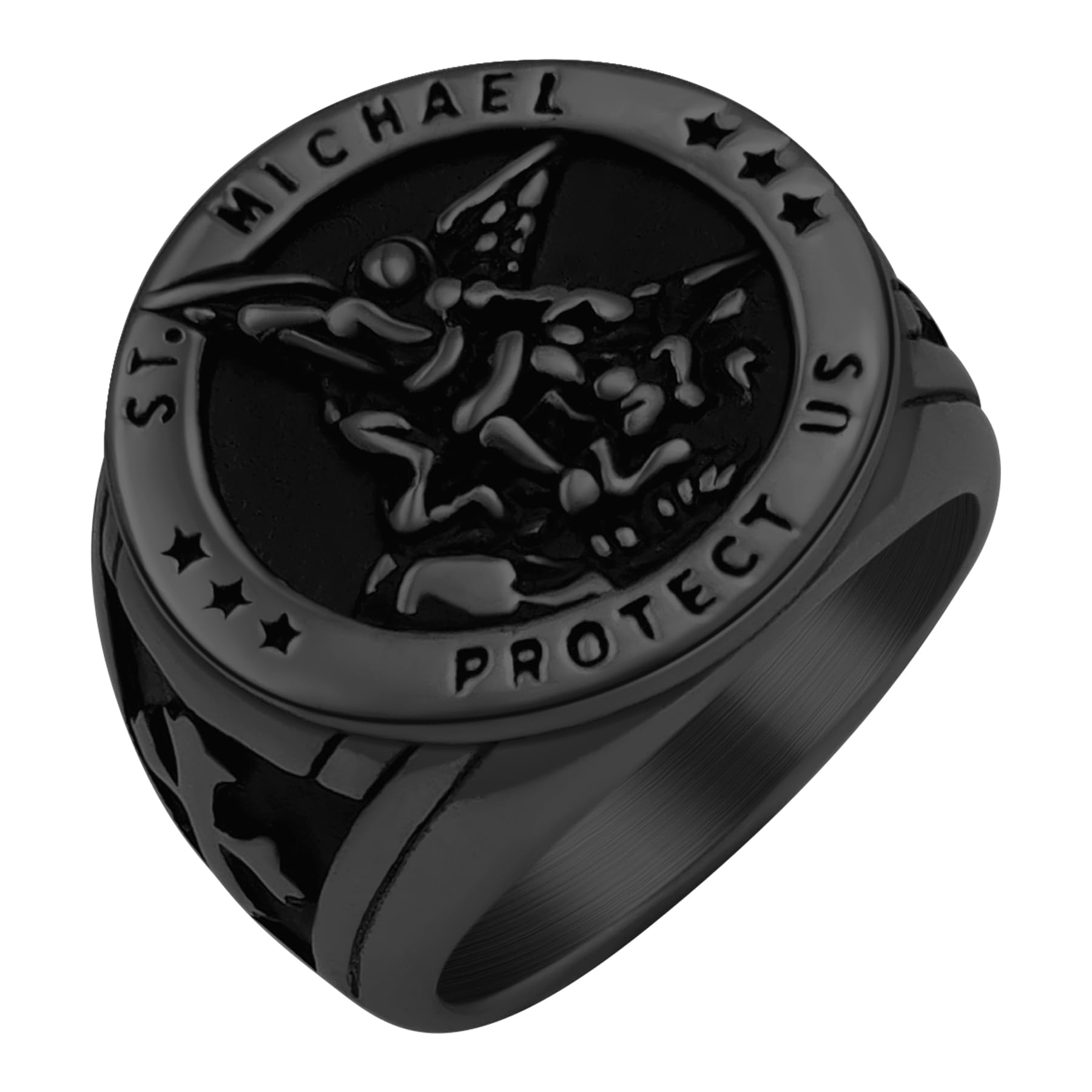 Saints Michael Ring for Men, 18K Gold/Black Plated, The Great Protector Archangel Defeating Satan Figurine Stainless Steel Amulet Rings, Size 7-12, Send Gift Box