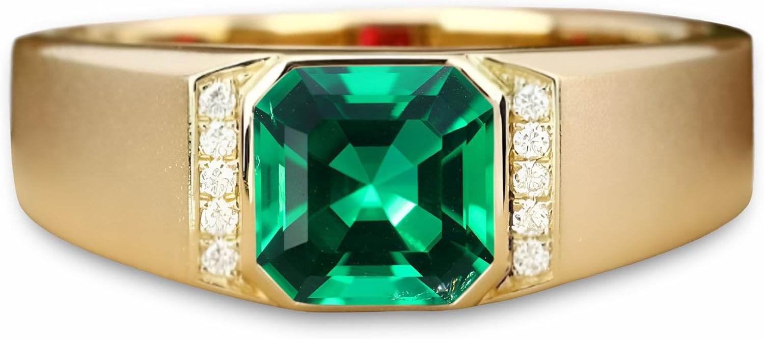 10K 14K 18K Gold 2CT Asscher Cut Men's Gemstone Engagement Ring with Moissanite Sidestones,Gemstone Wedding Bands Birthstone Rings for Men Husband for Anniversary Wedding