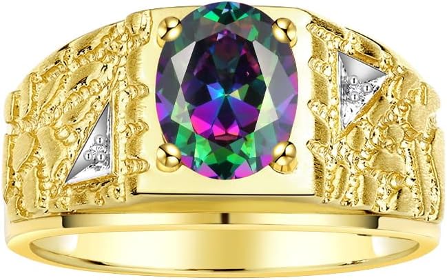 Rylos Men's Rings Designer Nugget Ring: Oval 9X7MM Gemstone & Sparkling Diamonds - Color Stone Birthstone Rings for Men, Yellow Gold Plated Silver Rings in Sizes 8-13. Mens Jewelry