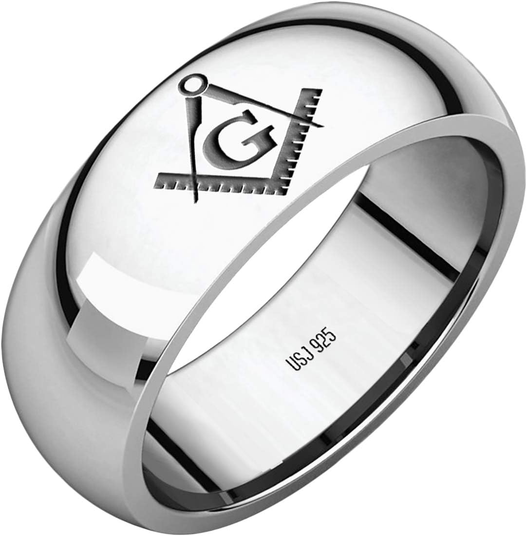 US Jewels Mens 925 Sterling Silver 8mm Half Round Masonic Master Mason Ring Band