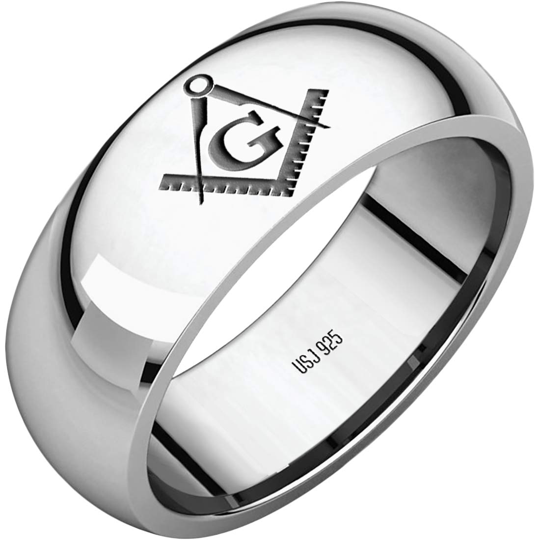 US Jewels Mens 925 Sterling Silver 8mm Half Round Masonic Master Mason Ring Band