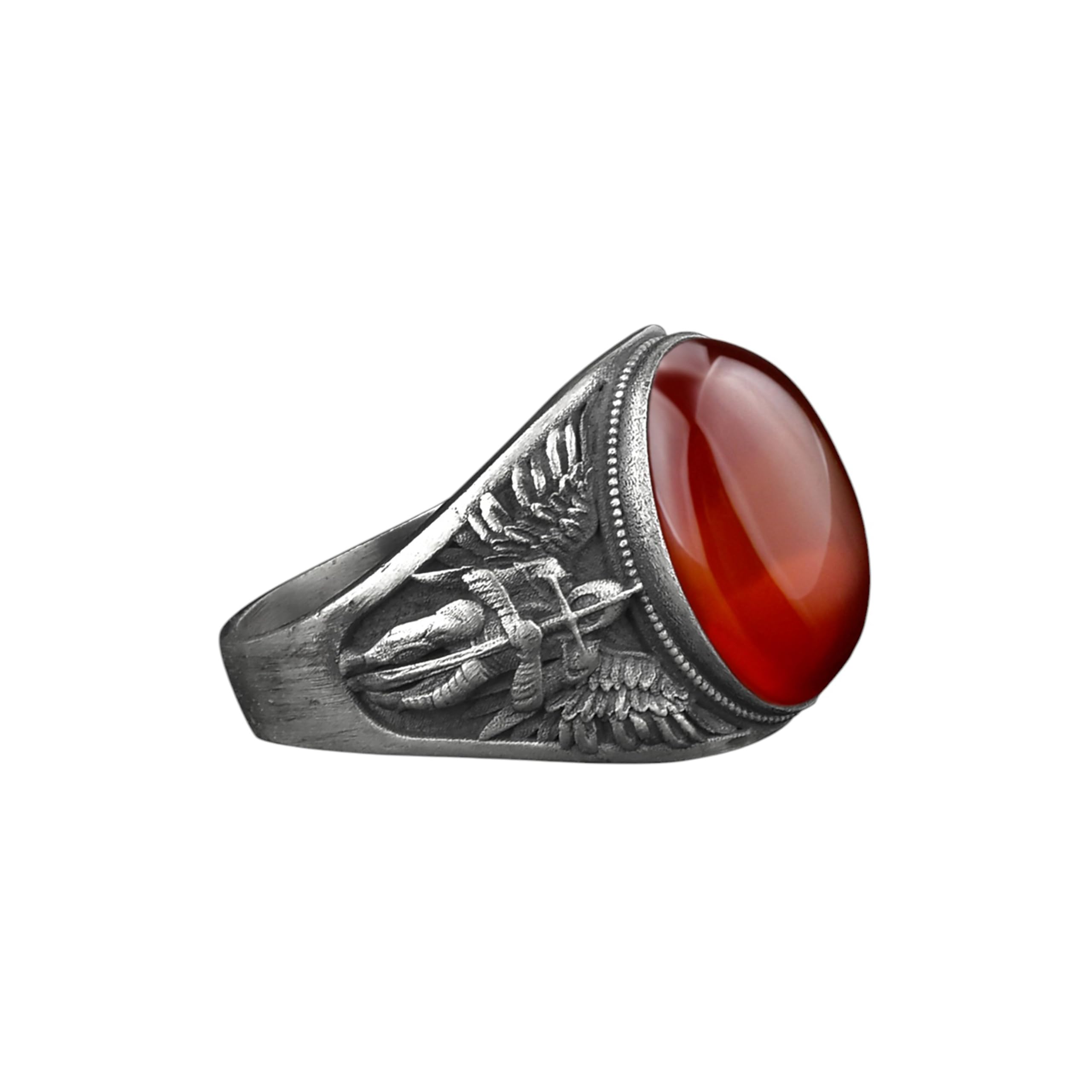 BySilverStone - St. Michael the Archangel Signet Ring for Men with Natural Tiger's Eye Gemstone in Sterling Silver, Commander of God's Army Jewelry Rings, Religious Gift Ring