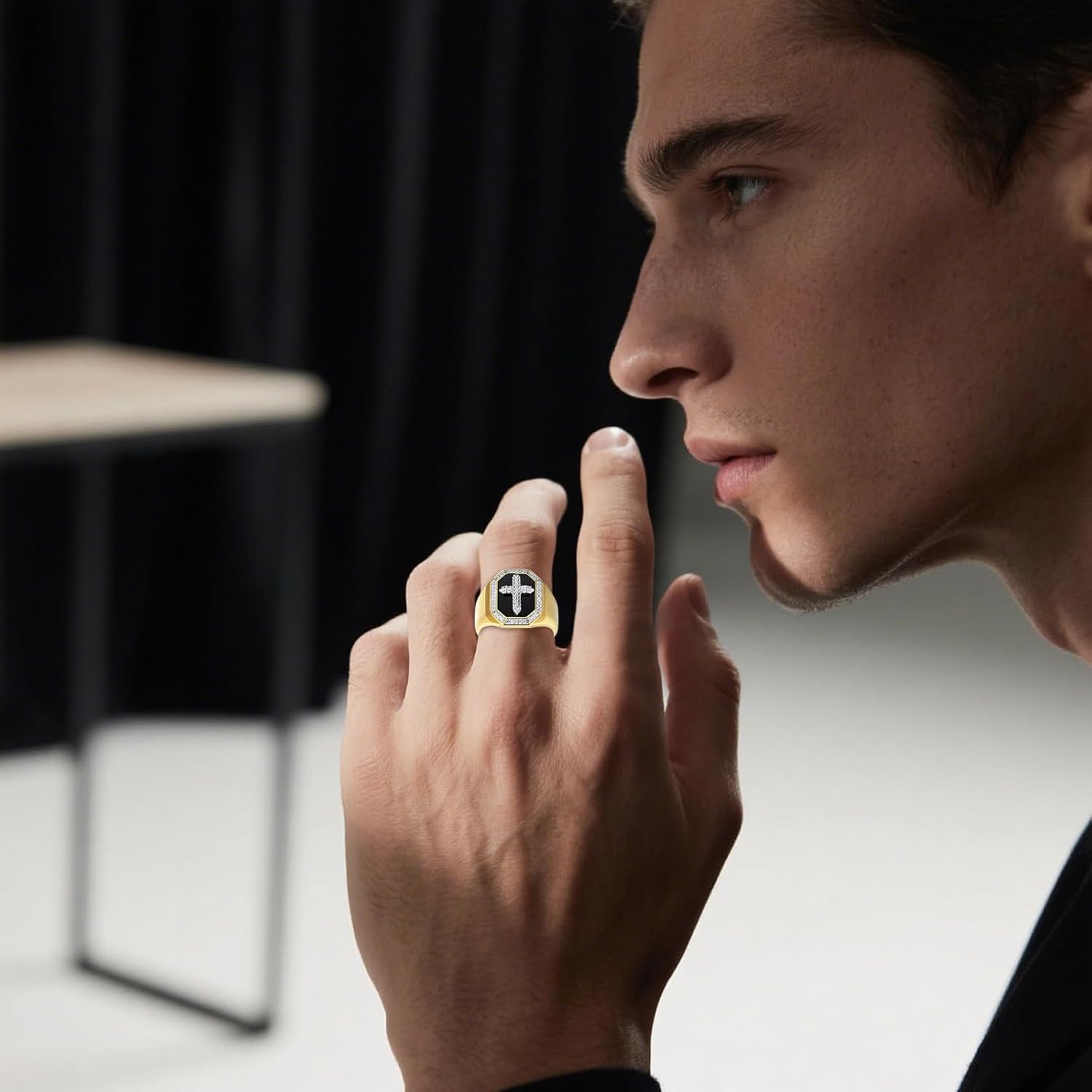 Silver Men's Ring Cross Black Onyx and Zircon Gemstone Gold-Plated Cut Square Black Onyx Ring Handmade for Men Jewelry Faith Promise Vintage Band Gift Husband
