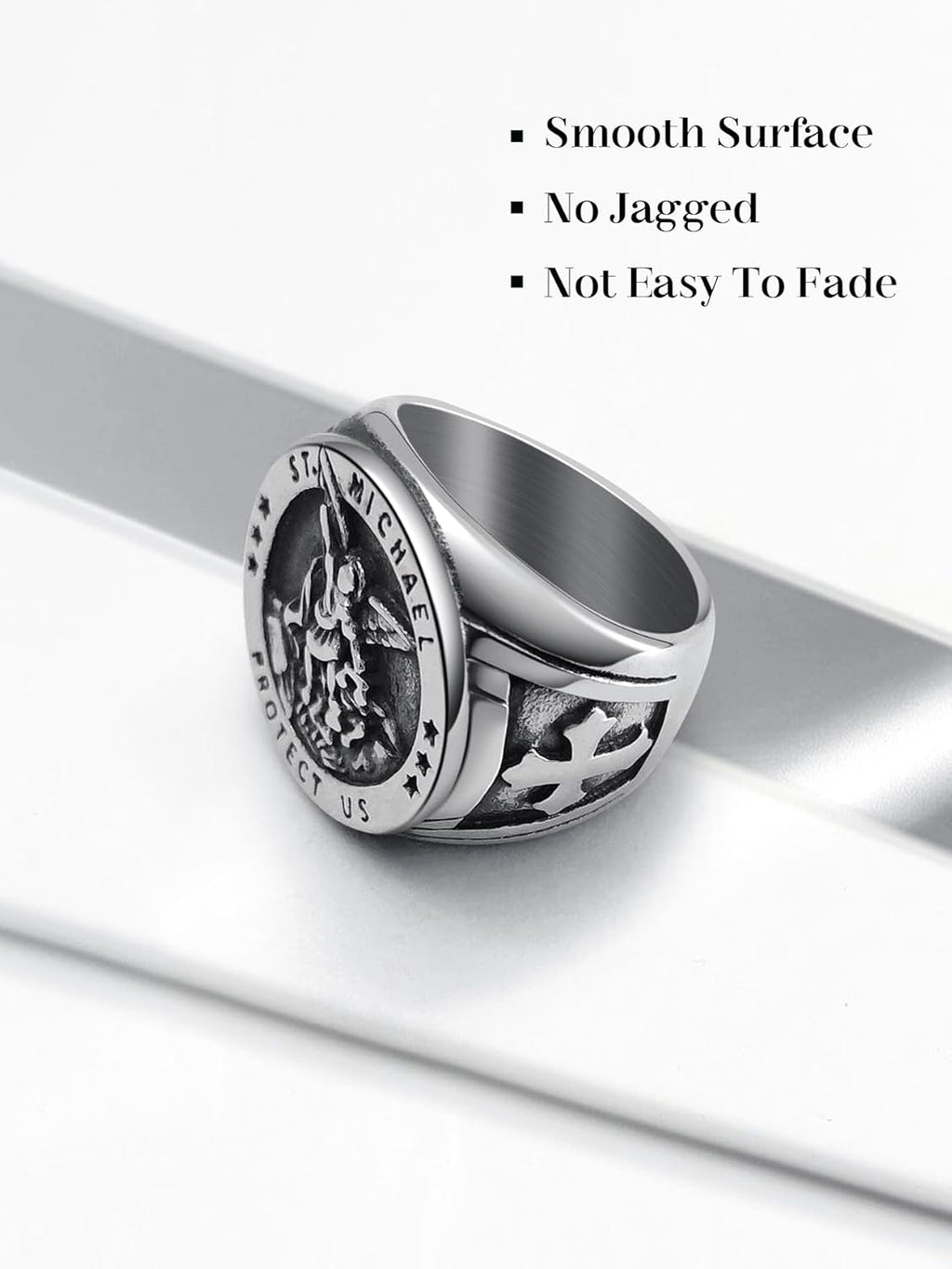 Saints Michael Ring for Men, 18K Gold/Black Plated, The Great Protector Archangel Defeating Satan Figurine Stainless Steel Amulet Rings, Size 7-12, Send Gift Box