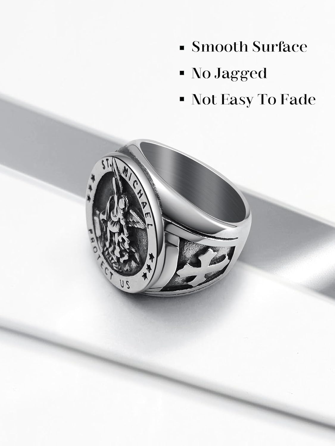 Saints Michael Ring for Men, 18K Gold/Black Plated, The Great Protector Archangel Defeating Satan Figurine Stainless Steel Amulet Rings, Size 7-12, Send Gift Box