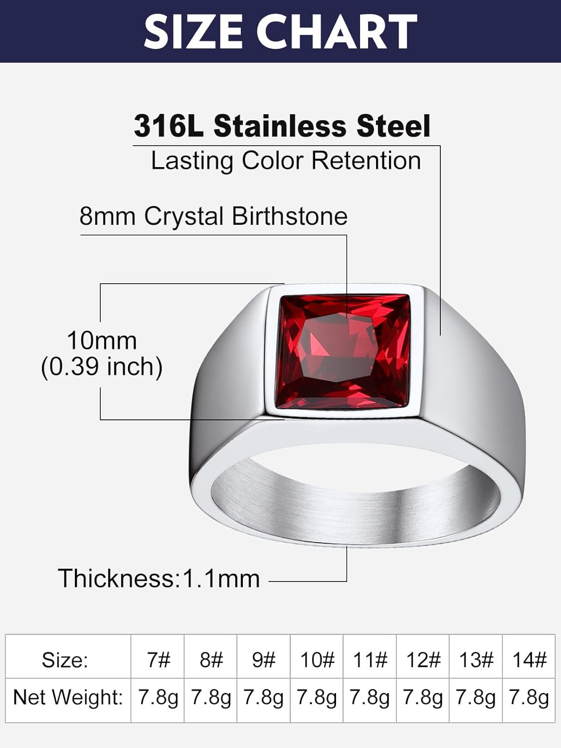 Bandmax Square Cut Gemstone Rings for Men Women, Shining Stone Signet Ring Cocktail Ring Statement Ring Personalized Birthstone Ring for Gift US Size 7-14