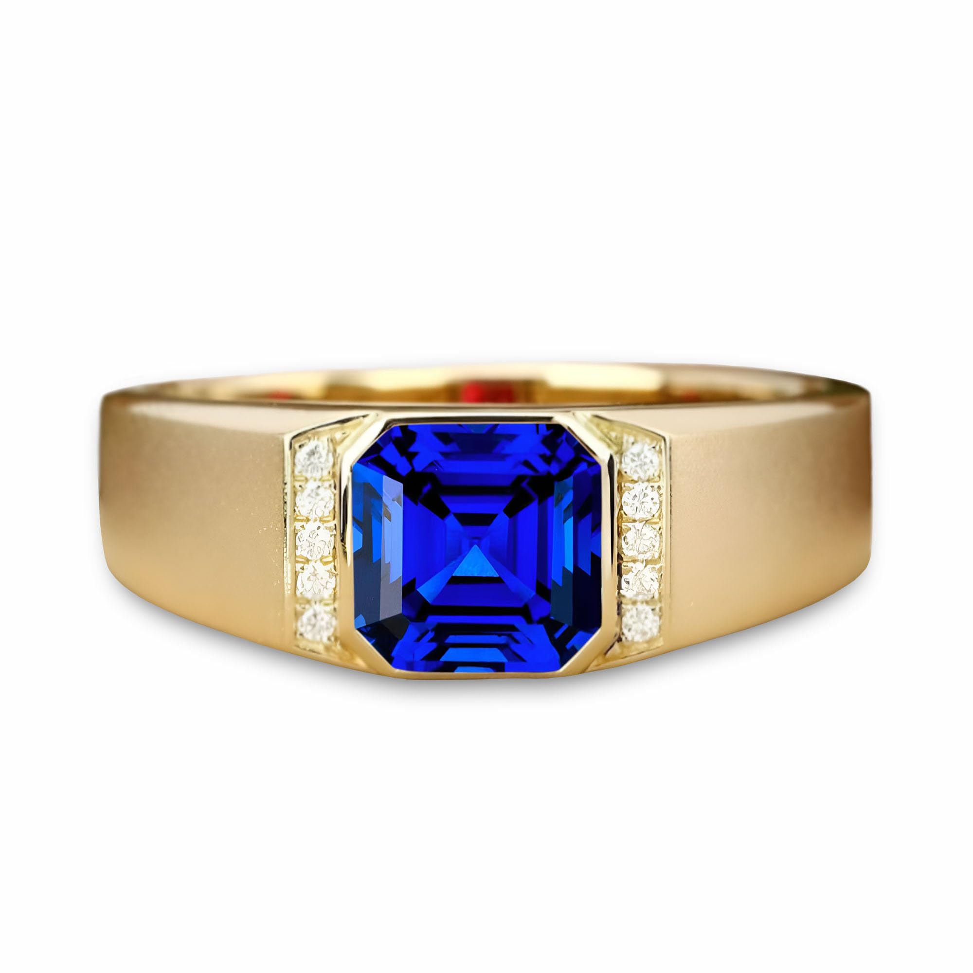 10K 14K 18K Gold 2CT Asscher Cut Men's Gemstone Engagement Ring with Moissanite Sidestones,Gemstone Wedding Bands Birthstone Rings for Men Husband for Anniversary Wedding