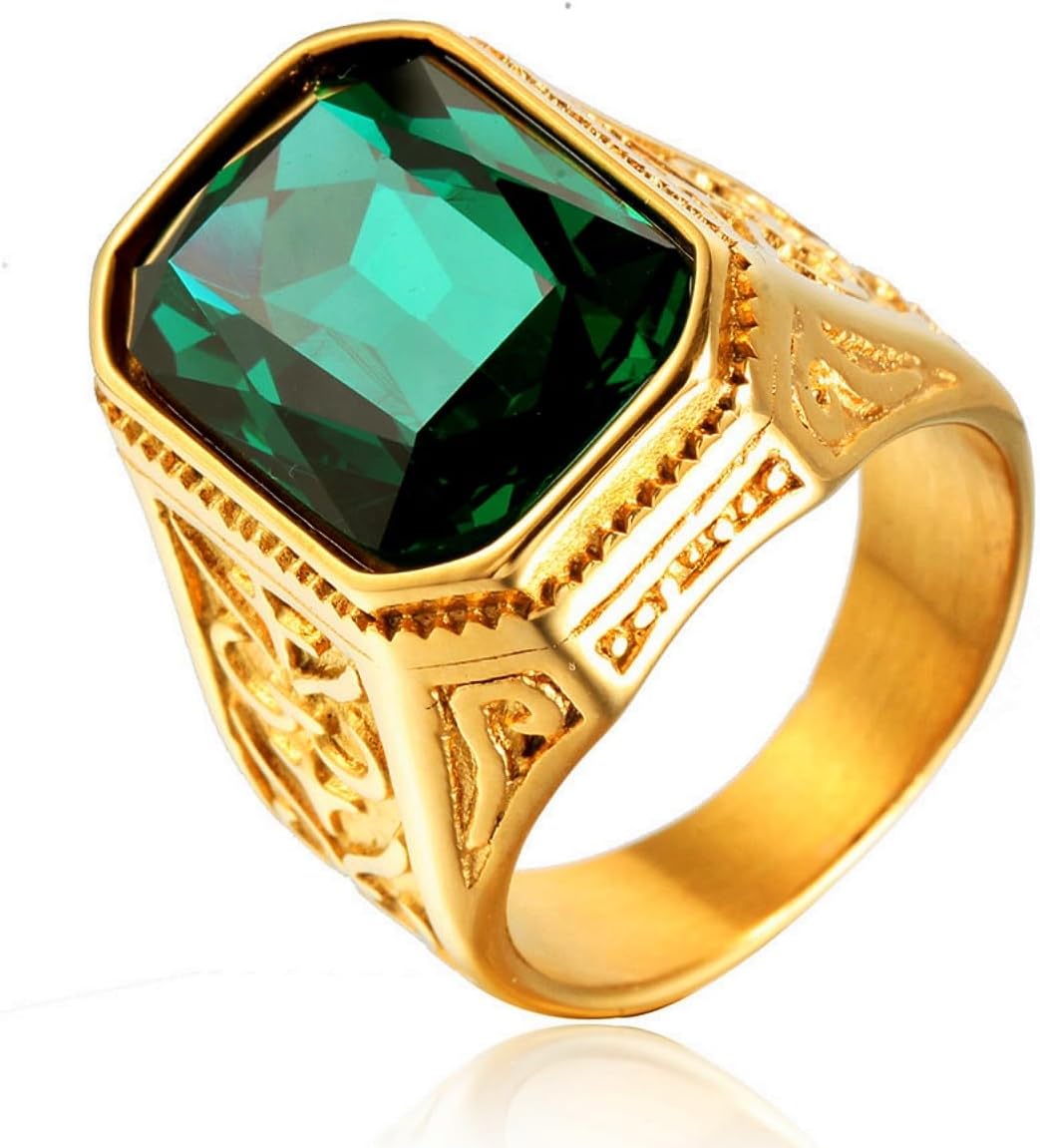 Iced out Emerald Stone Rings for Men 316 Stainless steel Rings Men's Ring Square Pattern Religion's rings Jewelry for Men rings for Heavy Metal ring Father's Day