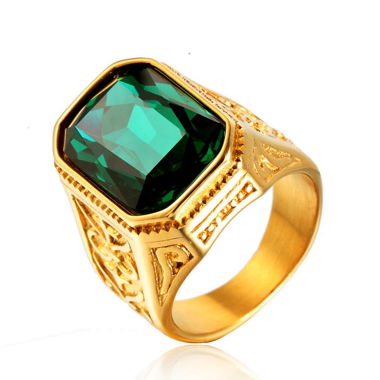 Iced out Emerald Stone Rings for Men 316 Stainless steel Rings Men's Ring Square Pattern Religion's rings Jewelry for Men rings for Heavy Metal ring Father's Day