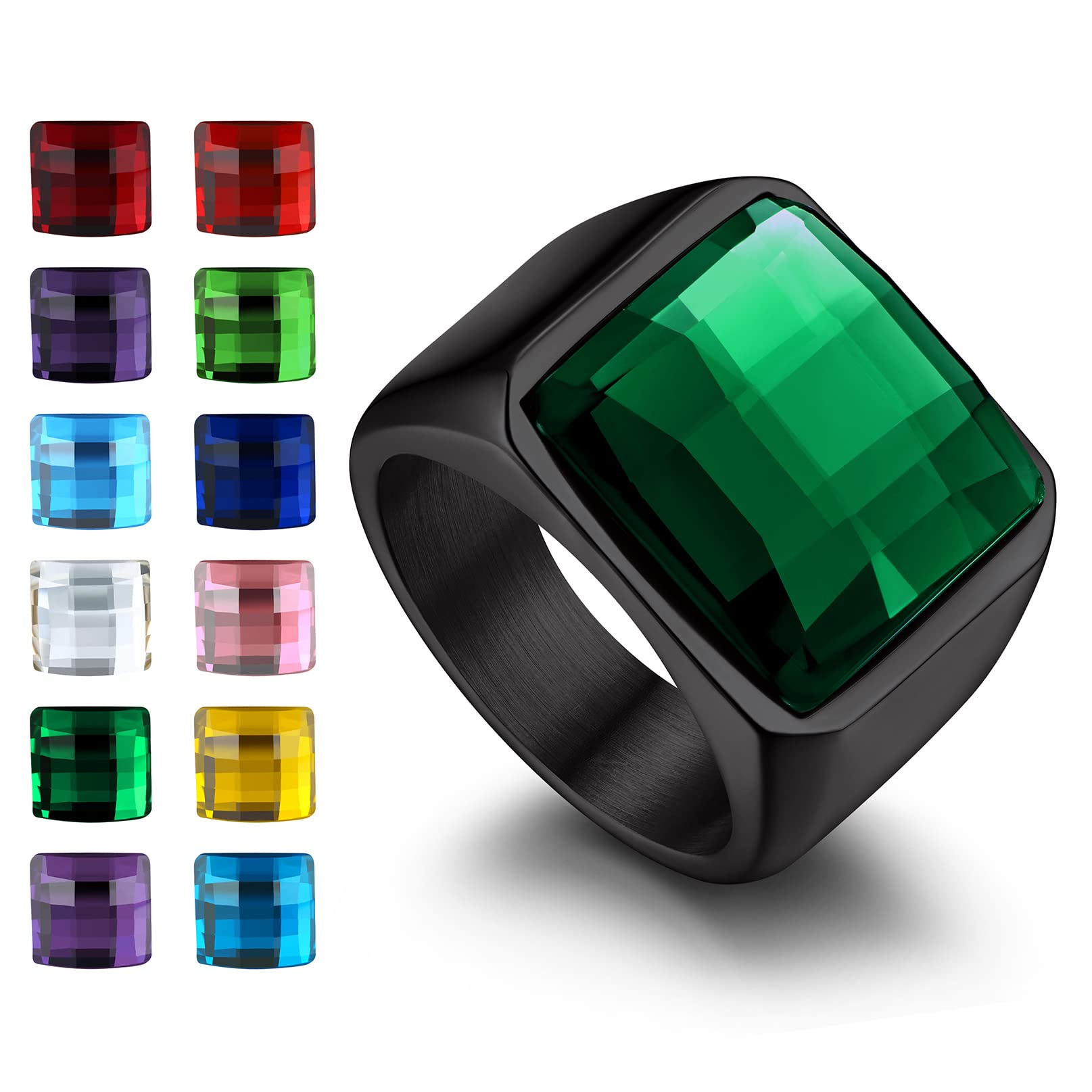 Bandmax Square Cut Gemstone Rings for Men Women, Shining Stone Signet Ring Cocktail Ring Statement Ring Personalized Birthstone Ring for Gift US Size 7-14