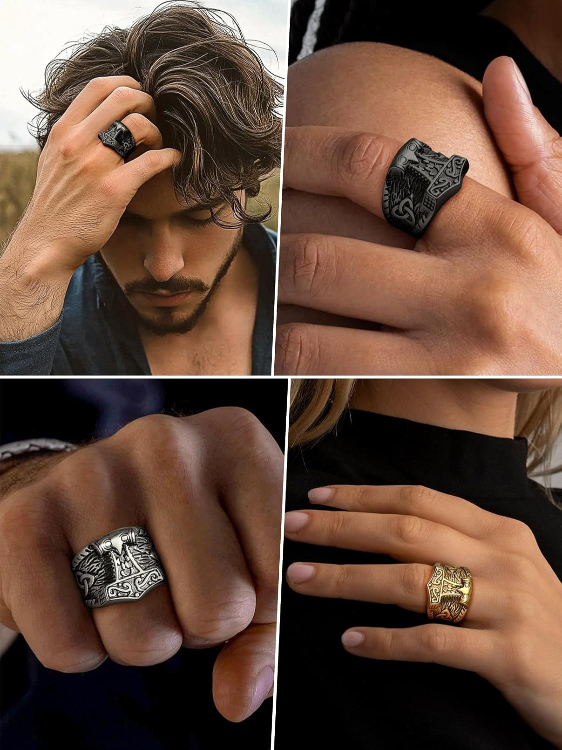 FaithHeart Norse Viking Jewelry Mens Stainless Steel Vikings Thor's Hammer/Wolf Head Ring Valknut Warrior's Gothic Jewelry-Personalized Engrave