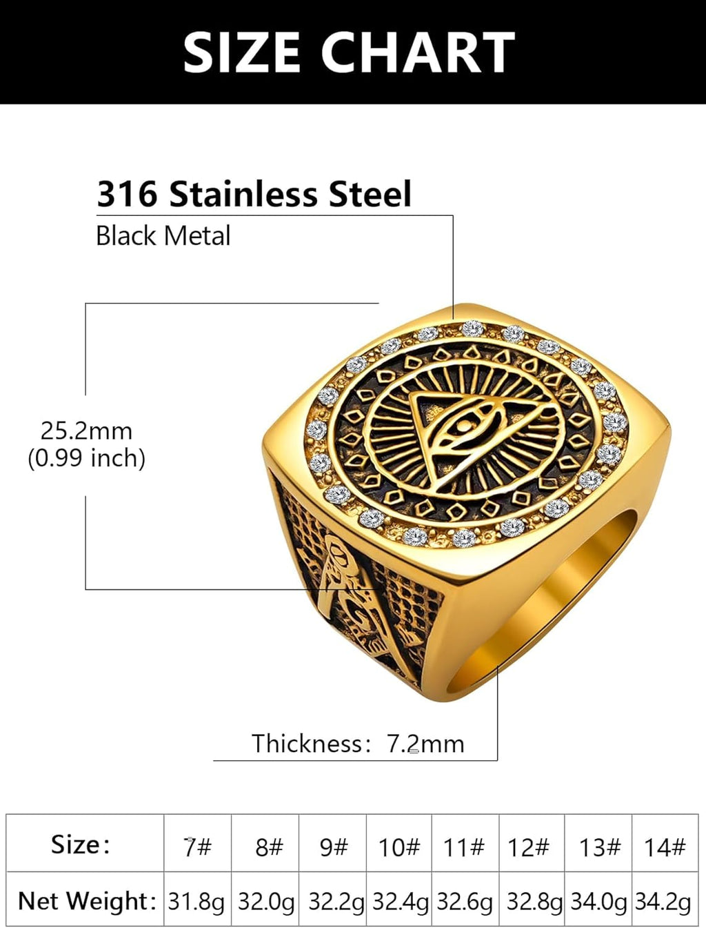 Masonic Signet Rings for Men, 316L Stainless Steel/18K Real Gold/Black Metal Freemason Jewelry, Punk Biker Mason Ring, Size 7-12