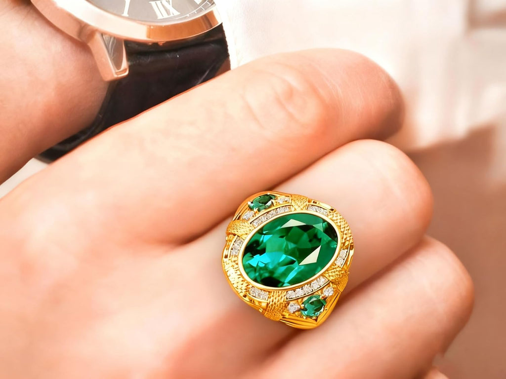Solid 10K 14K 18K Gold 4 Carat Emerald Engagement Rings for Mens Gemstone Signet Rings for Men with Moissanite Size 4-16