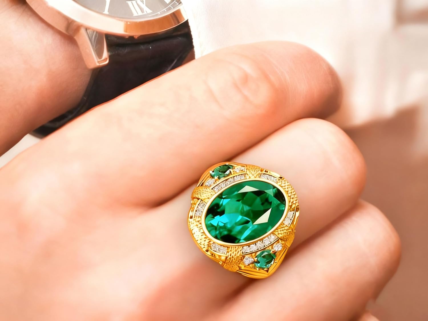Solid 10K 14K 18K Gold 4 Carat Emerald Engagement Rings for Mens Gemstone Signet Rings for Men with Moissanite Size 4-16