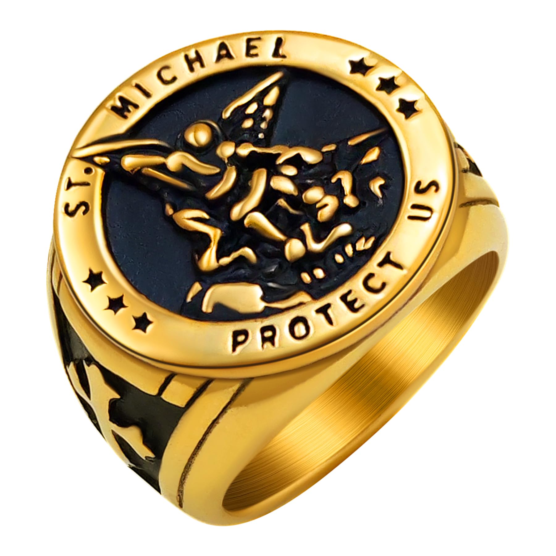 Saints Michael Ring for Men, 18K Gold/Black Plated, The Great Protector Archangel Defeating Satan Figurine Stainless Steel Amulet Rings, Size 7-12, Send Gift Box
