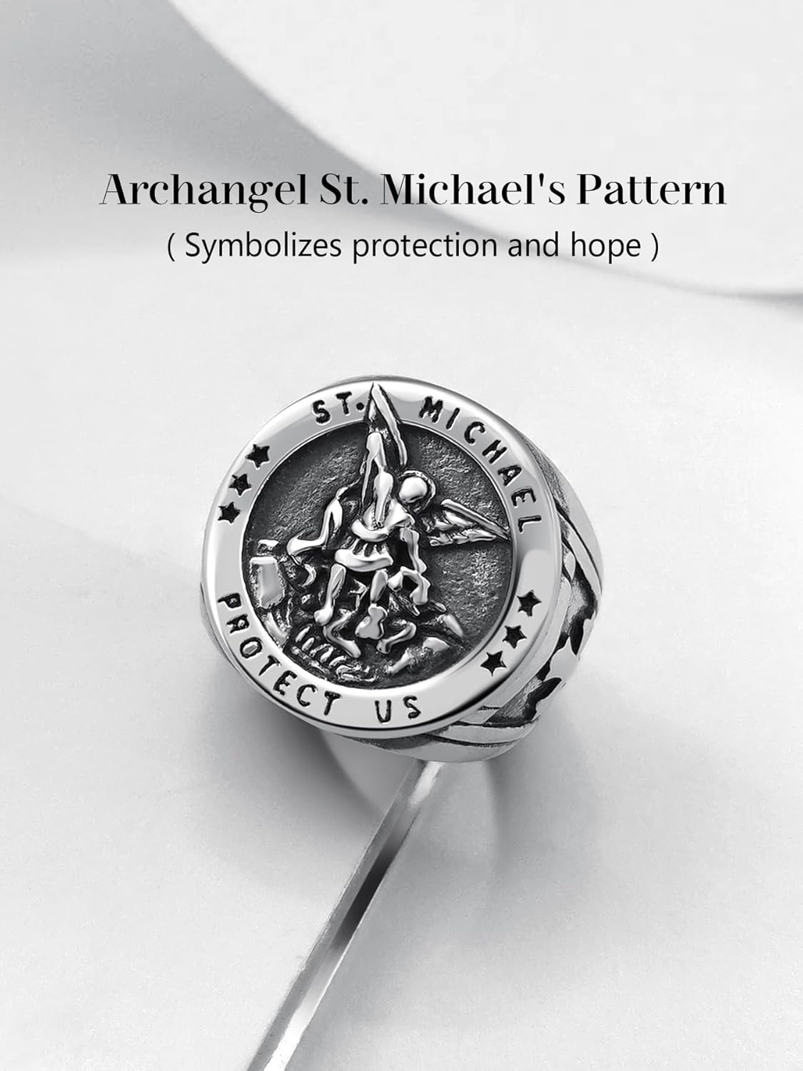 Saints Michael Ring for Men, 18K Gold/Black Plated, The Great Protector Archangel Defeating Satan Figurine Stainless Steel Amulet Rings, Size 7-12, Send Gift Box