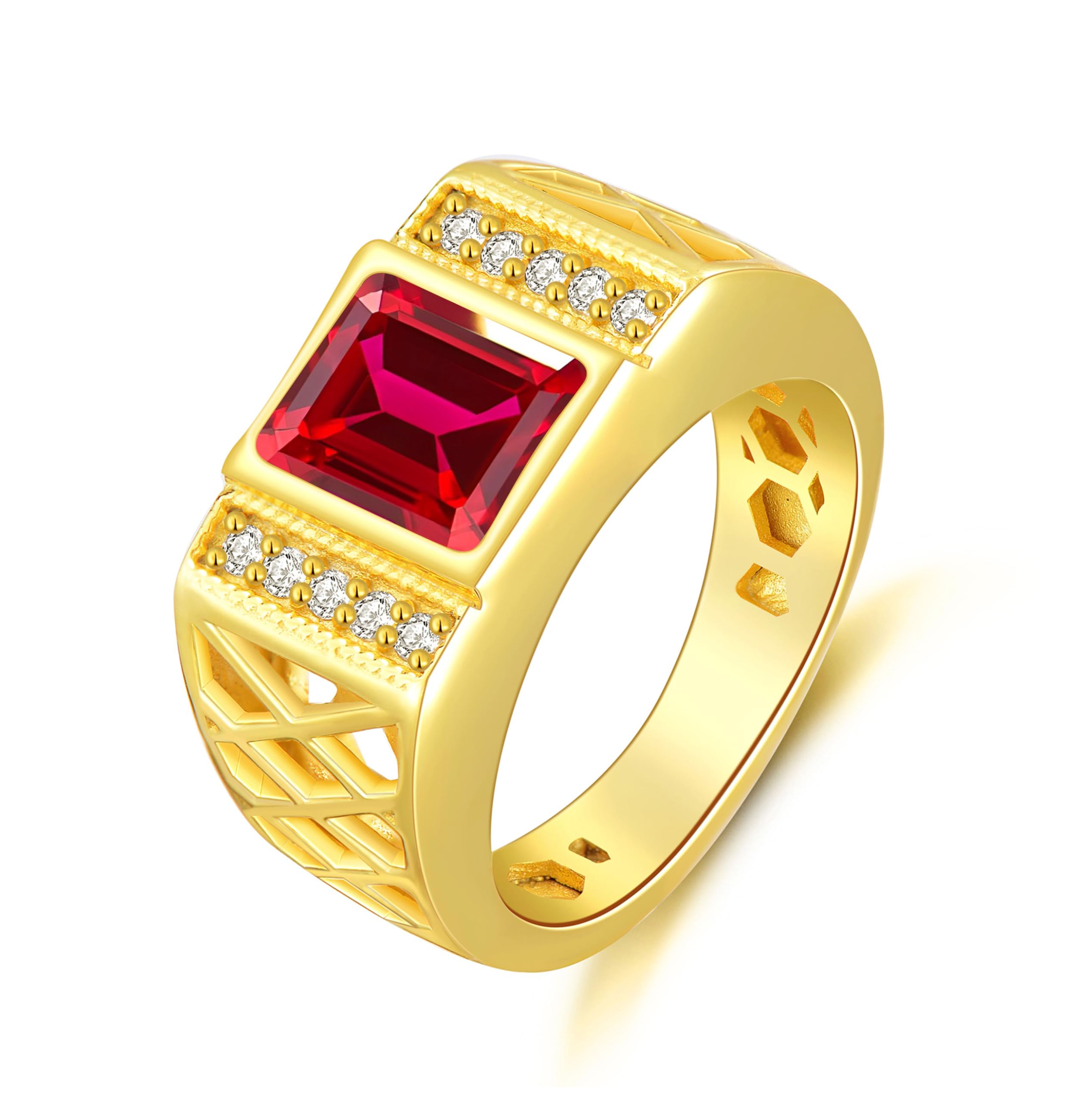 WSX Real Gold 10K 14K 18K 4Carat Gemstone Men's Rings with Moissanite Side Stone Emerald Cut Gemstone Rings for Men Promise Engagement Wedding Band Size 4-16