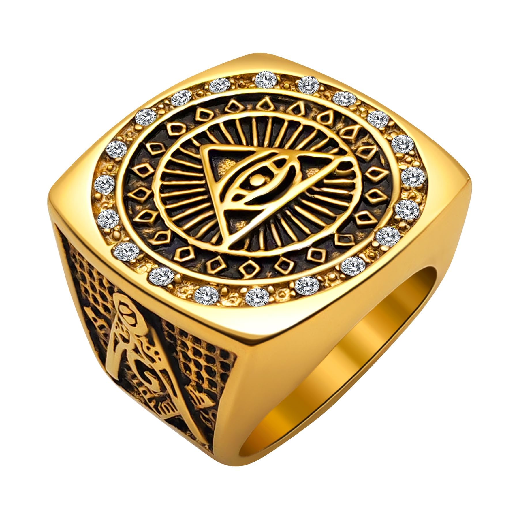 Masonic Signet Rings for Men, 316L Stainless Steel/18K Real Gold/Black Metal Freemason Jewelry, Punk Biker Mason Ring, Size 7-12