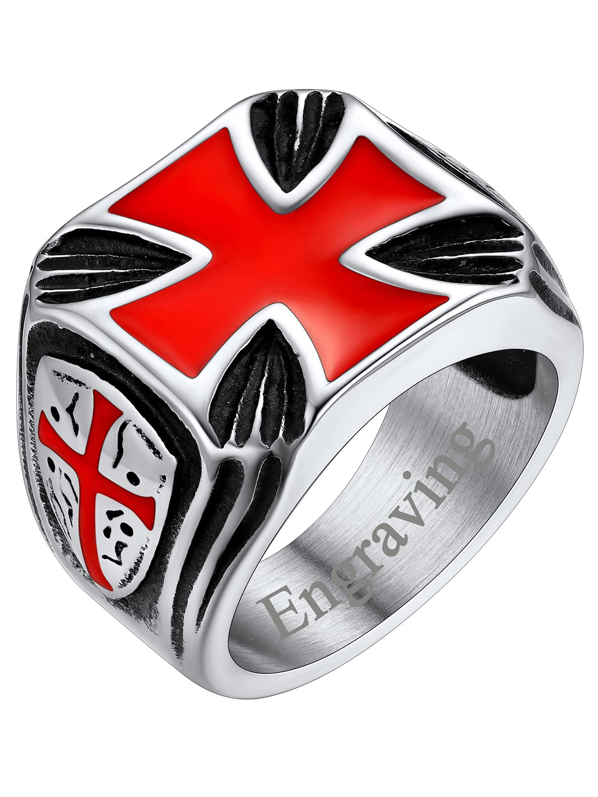 FaithHeart Mens Stainless Steel Crusader Jerusalem Cross Ring with 18K Gold Plated Two Tone Ring Size 7,8,9,10,11,12