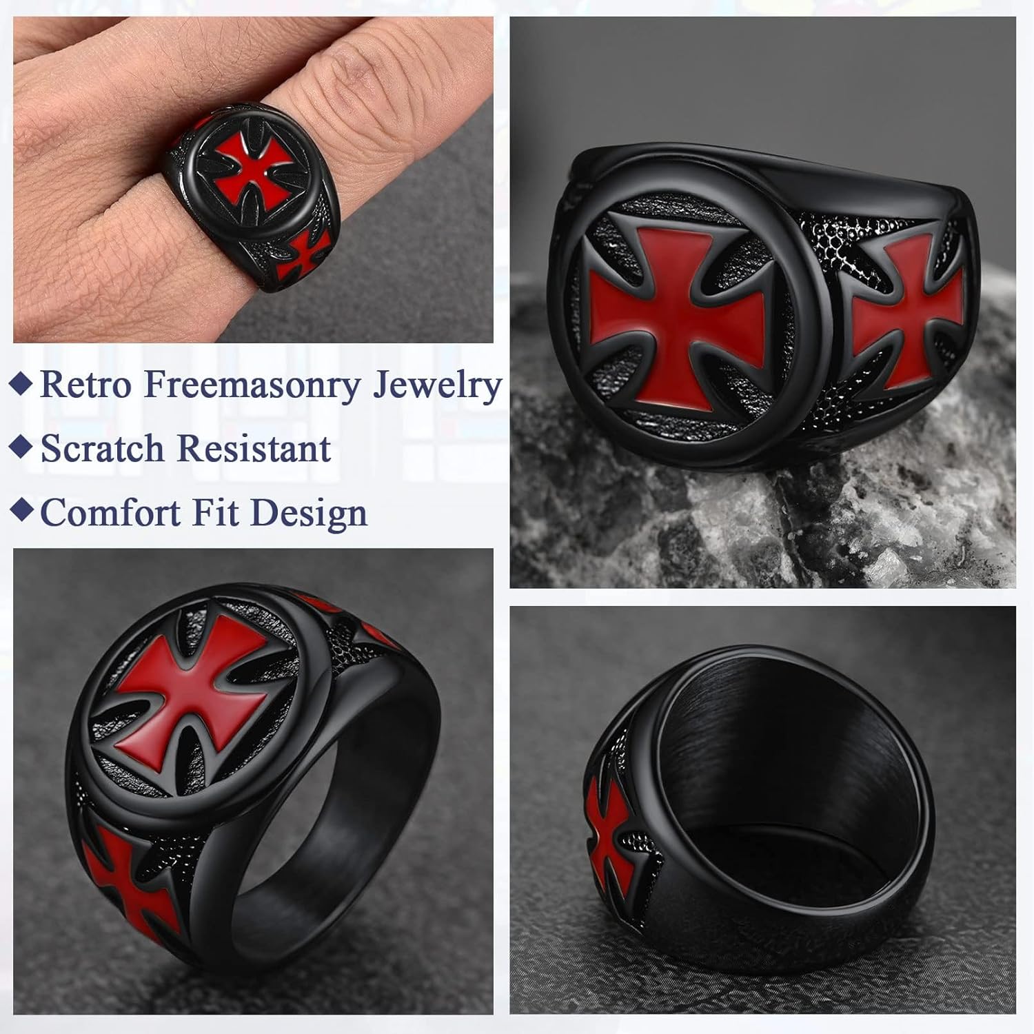 FaithHeart Mens Stainless Steel Crusader Jerusalem Cross Ring with 18K Gold Plated Two Tone Ring Size 7,8,9,10,11,12