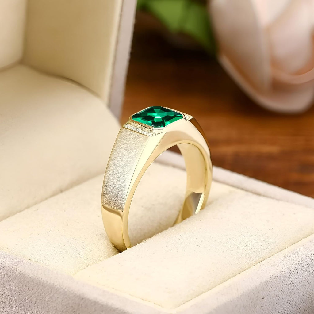 10K 14K 18K Gold 2CT Asscher Cut Men's Gemstone Engagement Ring with Moissanite Sidestones,Gemstone Wedding Bands Birthstone Rings for Men Husband for Anniversary Wedding