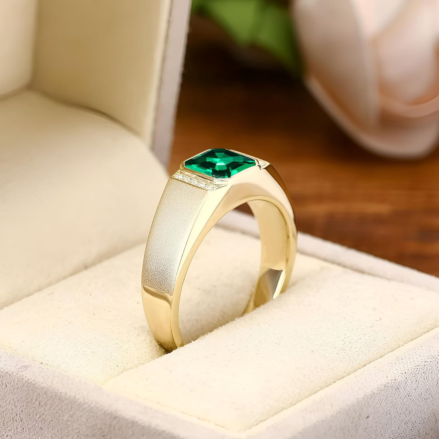 10K 14K 18K Gold 2CT Asscher Cut Men's Gemstone Engagement Ring with Moissanite Sidestones,Gemstone Wedding Bands Birthstone Rings for Men Husband for Anniversary Wedding