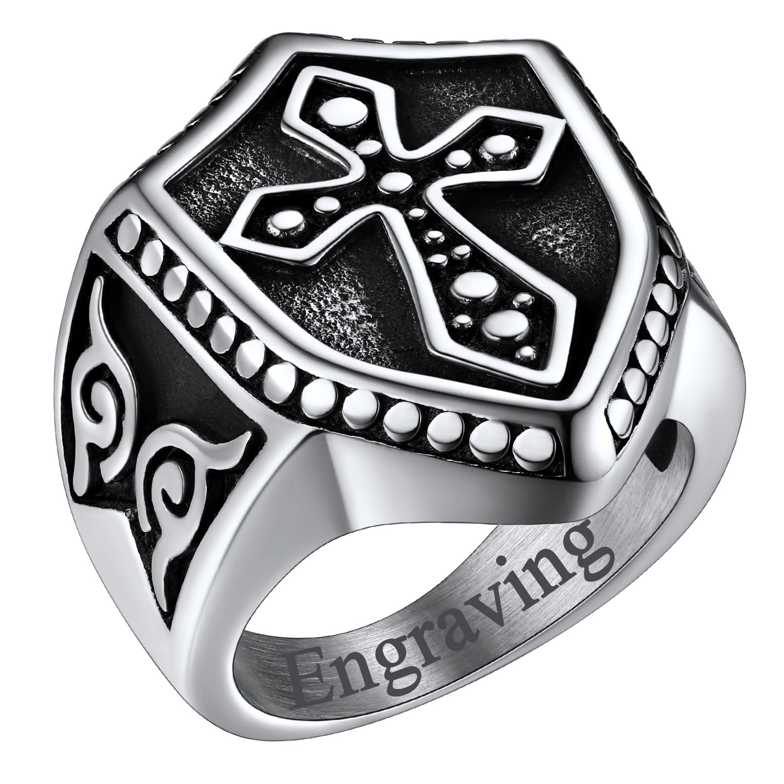 FaithHeart Mens Stainless Steel Crusader Jerusalem Cross Ring with 18K Gold Plated Two Tone Ring Size 7,8,9,10,11,12