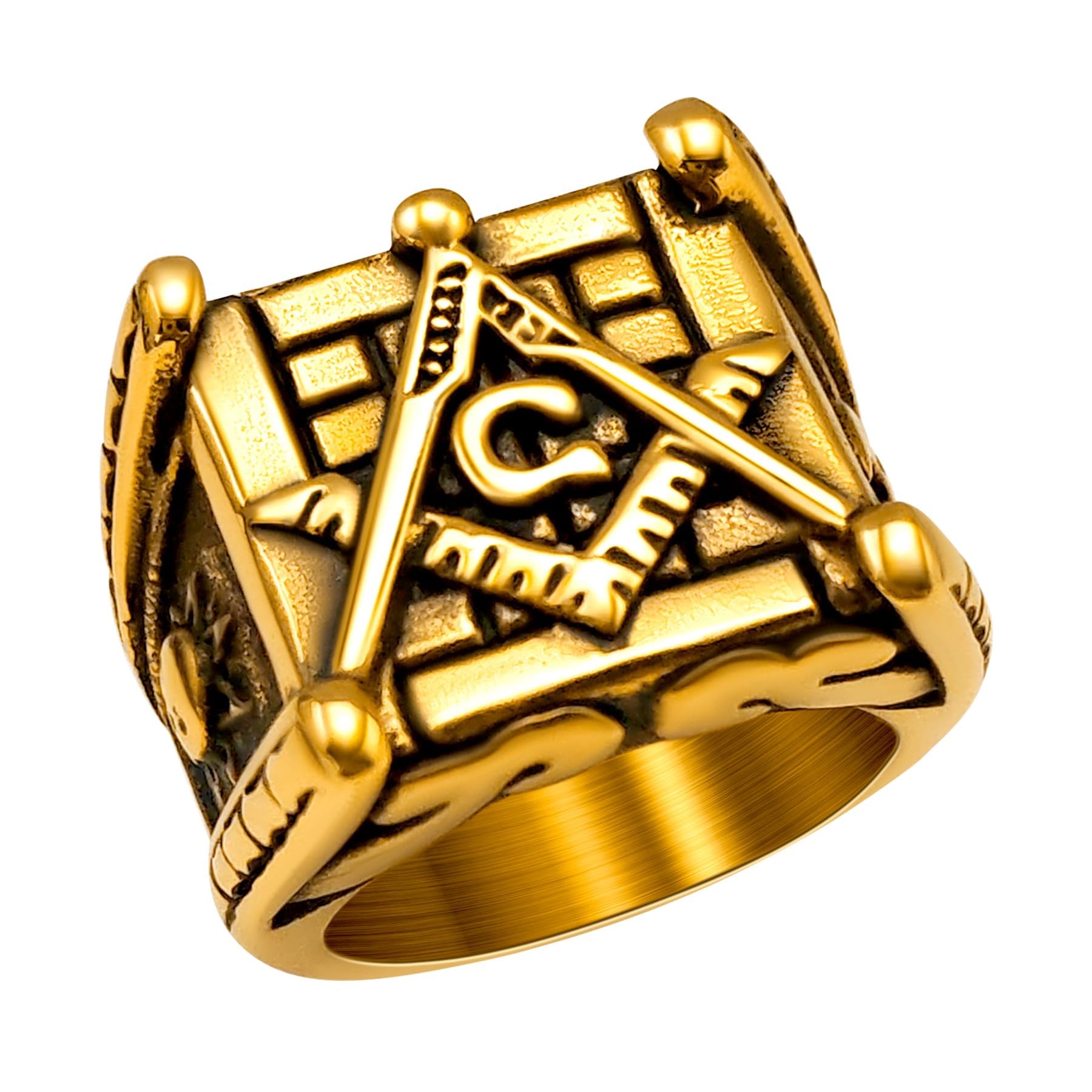 Masonic Signet Rings for Men, 316L Stainless Steel/18K Real Gold/Black Metal Freemason Jewelry, Punk Biker Mason Ring, Size 7-12